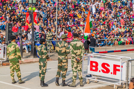 WAGAH, INDIA - JANUARY 26, 2017: Border guards at the military ceremony at India-Pakistan border in Wagah in Punjab, India.のeditorial素材