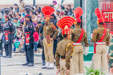 WAGAH, INDIA - JANUARY 26, 2017: Border guards at the military ceremony at India-Pakistan border in Wagah in Punjab, India.のeditorial素材