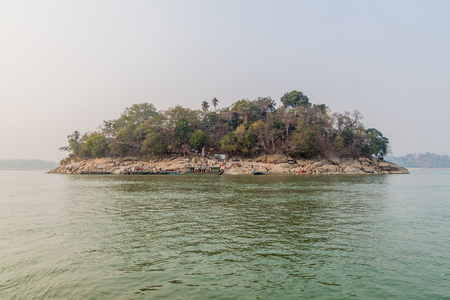 GUWAHATI, INDIA - JANUARY 31, 2017: View of Peacock (Umananda) island in Brahmaputra river near Guwahati, Indiaのeditorial素材