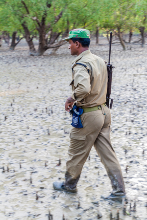 SUNDARBANS, BANGLADESH - NOVEMBER 14, 2016: Member of security personnel of Sundarbans Forest...