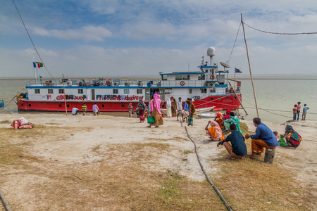 JAMUNA, BANGLADESH - NOVEMBER 7, 2016: Lifebuoy Friendship floating Hospital provides  healthcare services to communities on a chars (sandbank islands) in Jamuna river, Bangladesh.のeditorial素材
