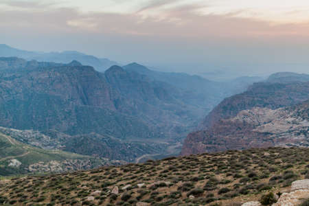 Sunset at  Wadi Dana canyon in Dana Biosphere Reserve, Jordanの写真素材