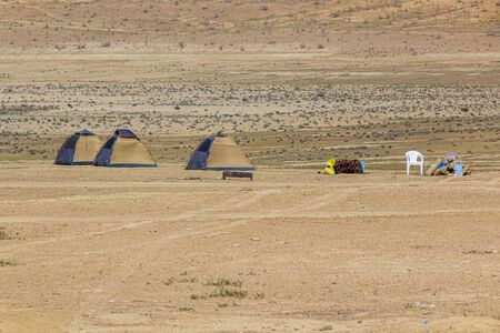 Tourist camping site near Darvaza (Derweze) gas crater (Door to Hell or Gates of Hell) in Turkmenistanの写真素材