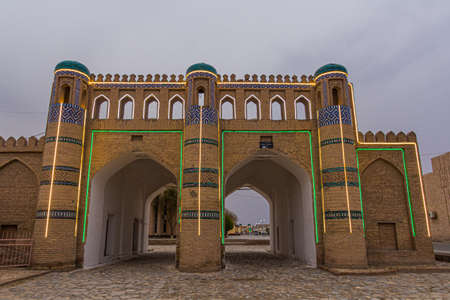 Illuminated ancient gate in Khiva, Uzbekistanのeditorial素材