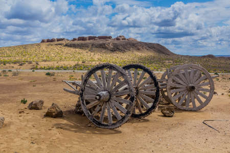 Old wooden carts near Ayaz Qala fortress in Kyzylkum desert, Uzbekistanのeditorial素材