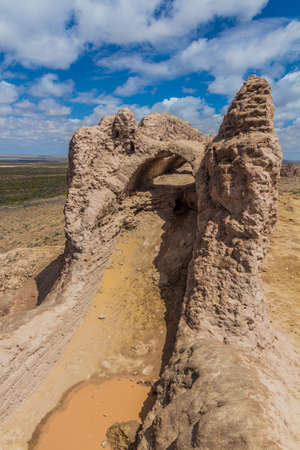 Walls of Ayaz Qala fortress in Kyzylkum desert, Uzbekistanのeditorial素材
