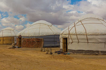 Yurt camp near Ayaz Qala fortress in Kyzylkum desert, Uzbekistanのeditorial素材