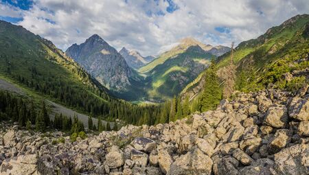 Karakol valley in Terskey Ala-Too mountain range in Kyrgyzstanの写真素材
