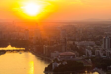Aerial view of sunset over Yekaterinburg, Russia
