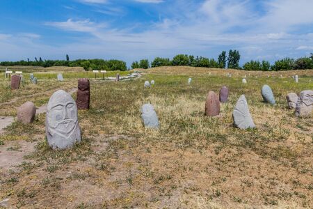 Ancient balbals (stone markers) near the Burana tower, Kyrgyzstanの写真素材