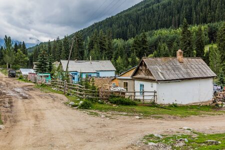 Small village in Karakol river valley in Kyrgyzstanの写真素材
