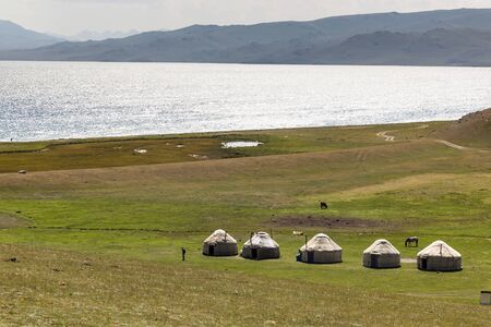 Yurt camp near Song Kul lake, Kyrgyzstanの写真素材