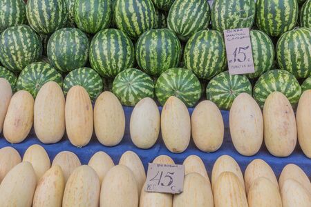 Melons at the Osh bazaar in Bishkek, capital of Kyrgyzstan.の写真素材