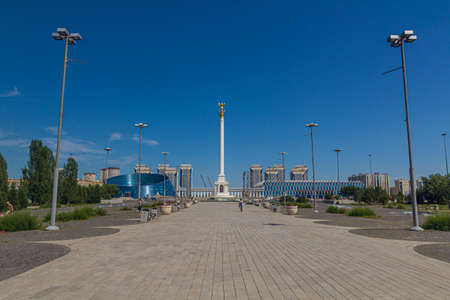 ASTANA, KAZAKHSTAN - JULY 9, 2018: Shabyt Palace of Creativity, Kazakh Eli Monument and Palace of Independence on the Independence Square in Astana (now Nur-Sultan), capital of Kazakhstan.のeditorial素材