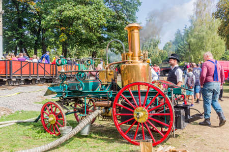 ZAMBERK, CZECHIA - SEPTEMBER 15, 2018: Steam pumper fire engine in the Old Machines and Technologies Museum (Muzeum starych stroju a technologii) in Zamberk, Czechia.のeditorial素材