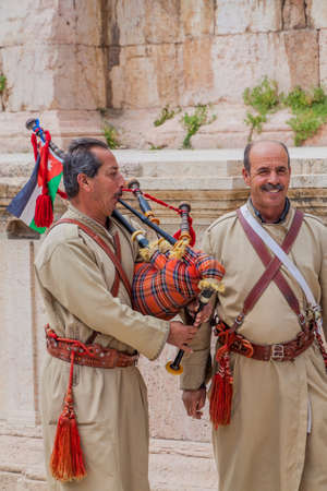 JERASH, JORDAN - APRIL 1, 2017: Musicians at the Southern Theatre in Jerash, Jordan