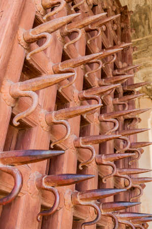 Spikes against elephants at the door of Kumbhalgarh fortress, Rajasthan state, Indiaのeditorial素材