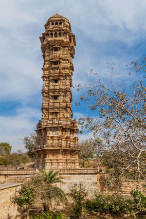 Vijaya Stambha (Tower of Victory) at Chittor Fort in Chittorgarh, Rajasthan state, Indiaの写真素材