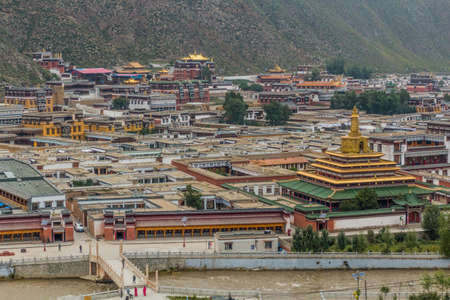 Aerial view of Xiahe town with  Labrang monastery, Gansu province, China