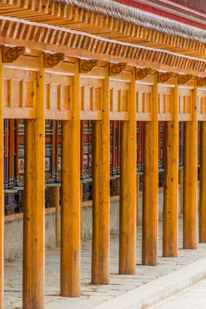 Row of praying wheels around Labrang Monastery in Xiahe town, Gansu province, China