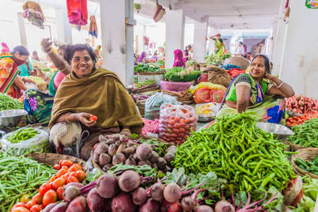 CHITTORGARH, INDIA - FEBRUARY 15, 2017: View of fruit and vegetable sellers in market in...