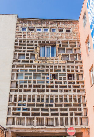 Unusual architecture of an apartment building in Bishkek, capital of Kyrgyzstan.のeditorial素材