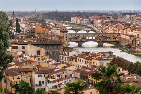 Aerial view of Florence, Italy. Ponte Vecchio (Old Bridge) and other bridges over the Arno River.の写真素材