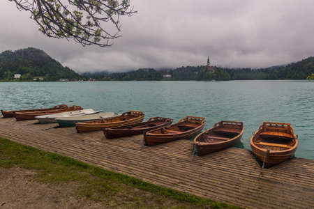 Wooden boats at Bled lake, Sloveniaの写真素材