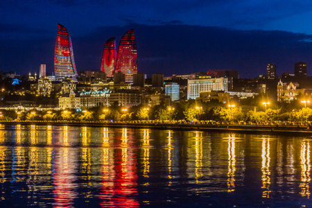 Night view of Baku skyline, Azerbaijanの写真素材