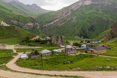 Aerial view of Laza village in Caucasus mountains, Azerbaijanの写真素材