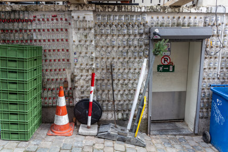 BRUSSELS, BELGIUM - DECEMBER 18, 2018: Wall covered in cognac and vodka bottles in Brussels, capital of Belgiumのeditorial素材