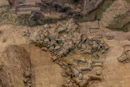 Broken terracotta pieces in the Pit 2 of the Army of Terracotta Warriors near Xi'an, Shaanxi province, Chinaのeditorial素材