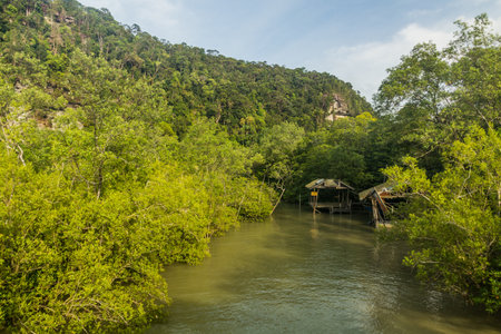 Broken jetties in Bako national park on Borneo island, Malaysiaの写真素材