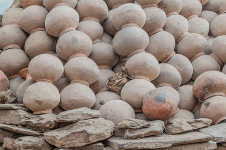 Clay vessels at a market in Udaipur, Rajasthan state, Indiaの写真素材