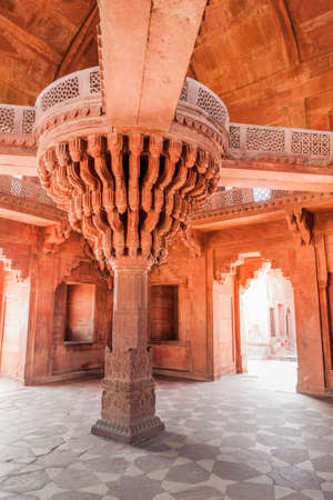 FATEHPUR SIKRI, INDIA - FEBRUARY 17, 2017: Central column of Diwan-E-Khas (Hall of Private...