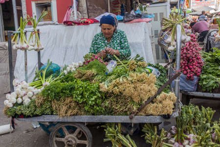 KHUJAND, TAJIKISTAN - MAY 7, 2018: Vegetable stall in Khujand, Tajikistanのeditorial素材