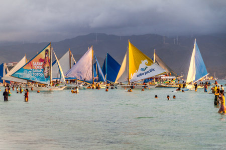 BORACAY, PHILIPPINES - FEBRUARY 1, 2018: Bangkas (paraw), double-outrigger boats, Boracay island, Philippinesのeditorial素材