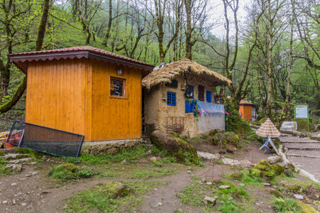 Stalls and shops on the way to Rudkhan castle in Iranのeditorial素材