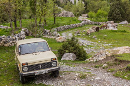 ARTUCH, TAJIKISTAN - MAY 13, 2018: Lada Niva vehicle near Artuch in Fann mountains, Tajikistanのeditorial素材