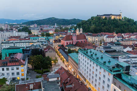 Evening aerial view of Ljubljana, Sloveniaのeditorial素材