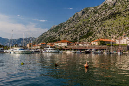 KOTOR, MONTENEGRO - JUNE 1, 2019: Boats in Kotor marina, Montenegro.のeditorial素材