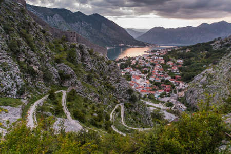 Sunset aerial view of Tabacina neighborhood of Kotor and the Bay of Kotor, Montenegro.