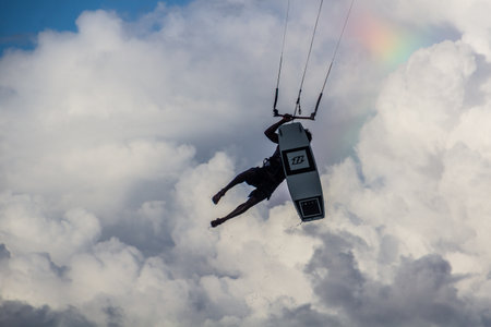 PUNTA CANA, DOMINICAN REPUBLIC - DECEMBER 8, 2018: Kitesurfer at Bavaro beach, Dominican Republicのeditorial素材