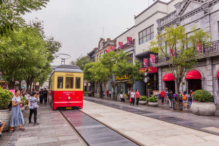 BEIJING, CHINA - AUGUST 27, 2018: Historic tram at Qianmen street in Beijing, Chinaのeditorial素材