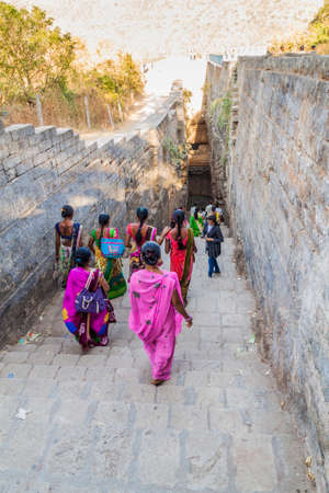 JUNAGADH, INDIA - FEBRUARY 9, 2017: People visit Adi Kadi Vav step well at Uparkot Fort in Junagadh,...