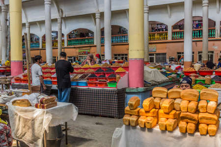 KHUJAND, TAJIKISTAN - MAY 6, 2018: Panchsanbe (Panjshanbe) Bazaar market in Khujand, Tajikistan
