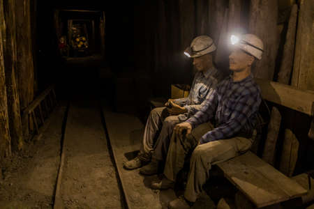 IDRIJA, SLOVENIA - MAY 18, 2019: Figurines of miners in an abandoned mercury mine in Idrija, Slovenia.のeditorial素材