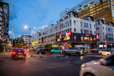 SANDAKAN, MALAYSIA - FEBRUARY 17, 2018: Evening view of a street in the center of Sandakan, Sabah, Malaysiaのeditorial素材