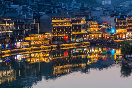 Evening view of Fenghuang Ancient Town, Hunan province, Chinaのeditorial素材