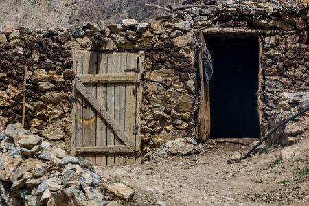 Stone shed in Padrud village in Marguzor (Haft Kul) in Fann mountains, Tajikistanの写真素材